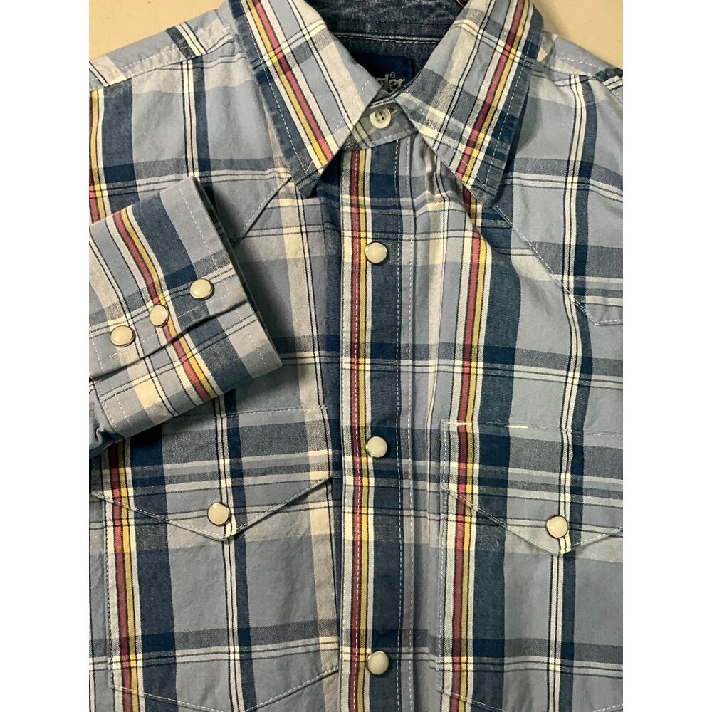 Wrangler Men's Plaid Western Shirt Button-Down Faux Pearl Snap Closure Medium Bl